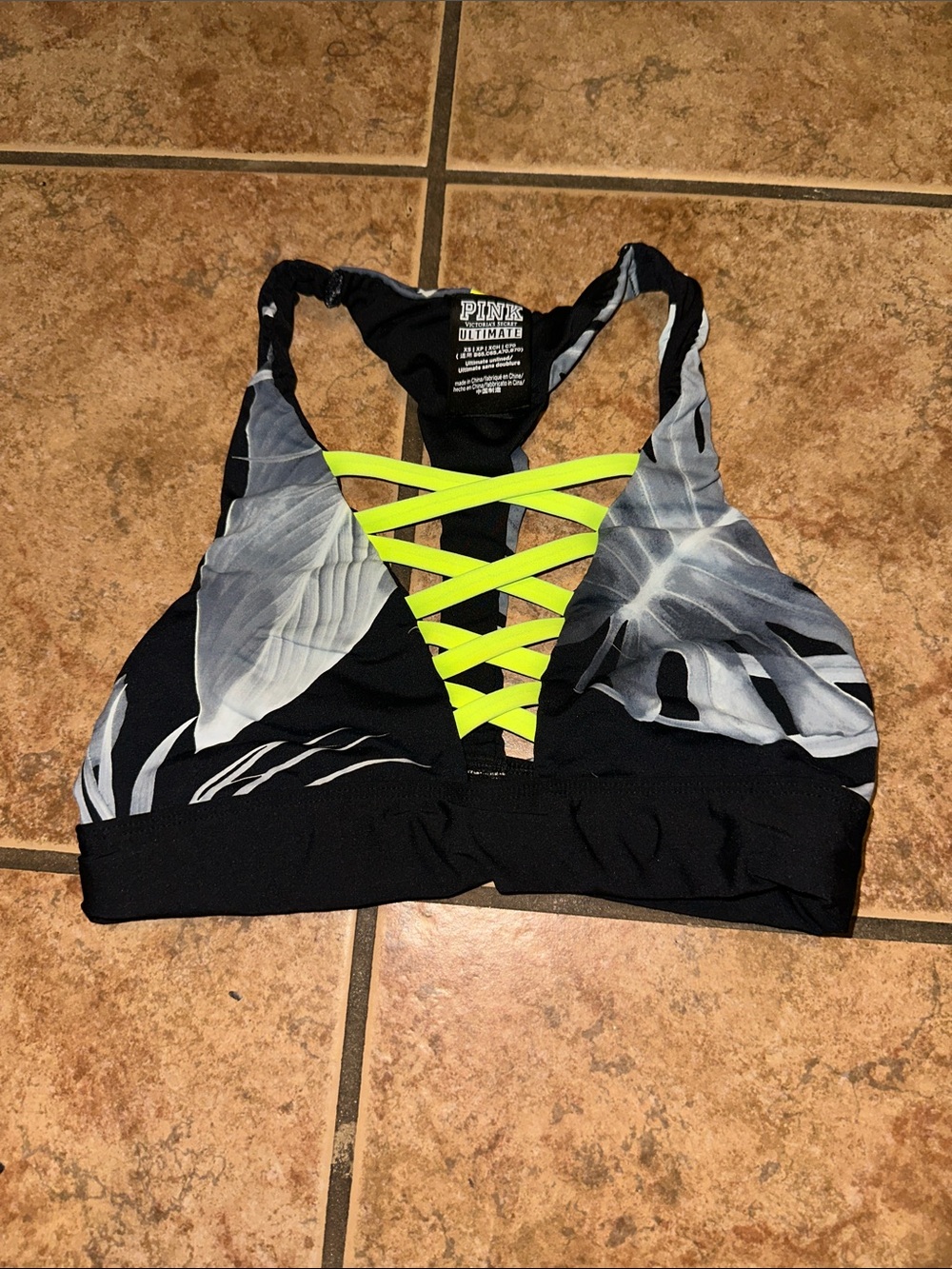 PINK Victoria's Secret Black Sports Bralette with Neon Yellow Crisscross Straps